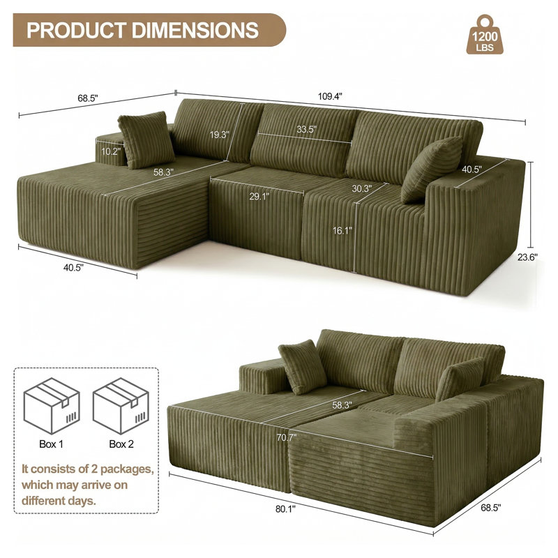 Canapé modulaire en L 107,5 po en chenille vert avec nuage et siège profond, Vert