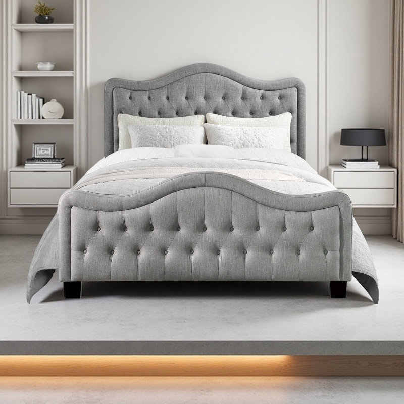Upholstered Polyester Tufted Button Adjustable Height Headboard with Footboard, Queen, Gray