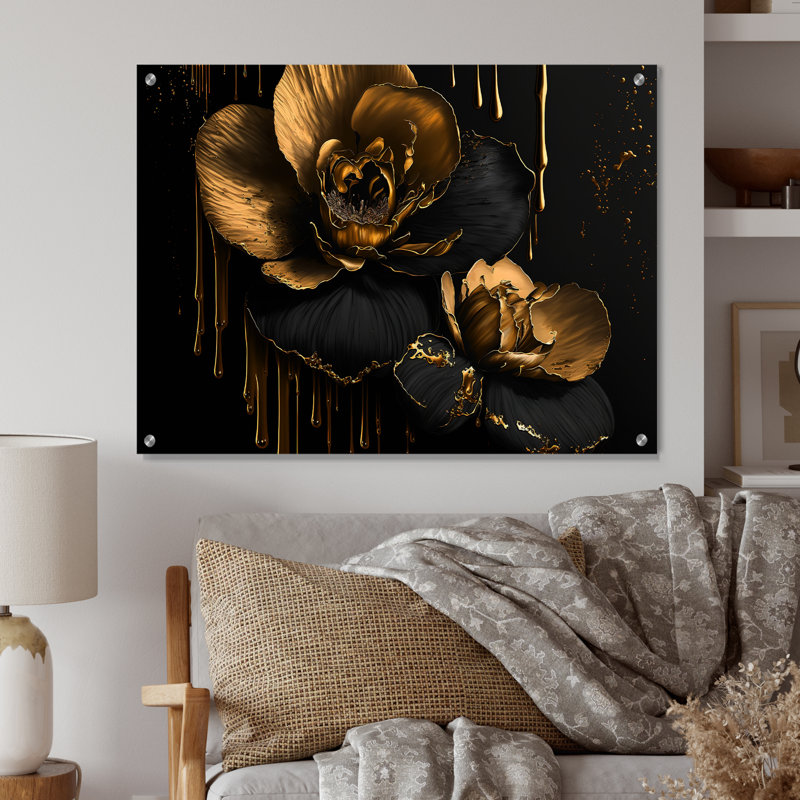 Orchidée noire et or II - art mural acrylique orchidée, H 12 po x l 20 po