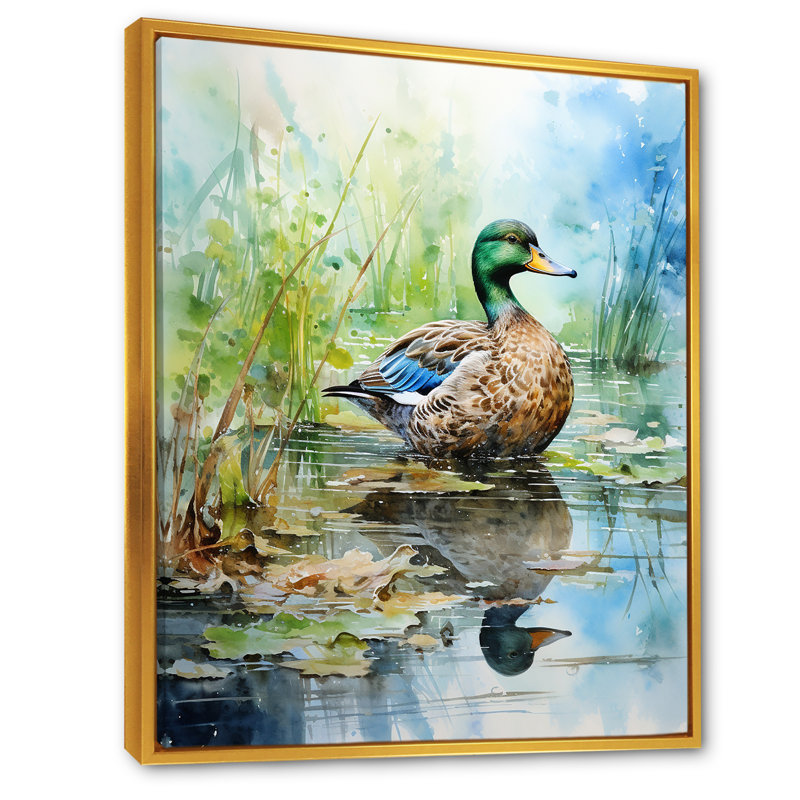 Duck Pond Reflections I - Duck Animal, art mural, Cadre flottant doré, H 32 po x l 24 po x P 1 po
