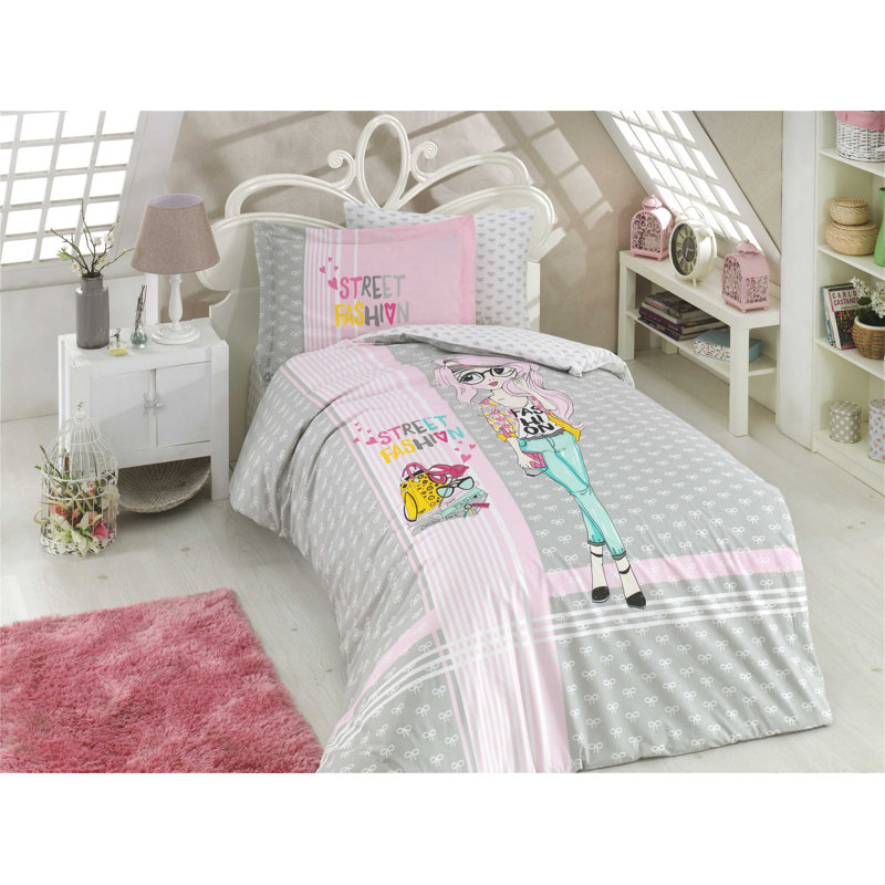 Ensemble de housse de couette 100% coton 3 pièces gris / rose / jaune Naim