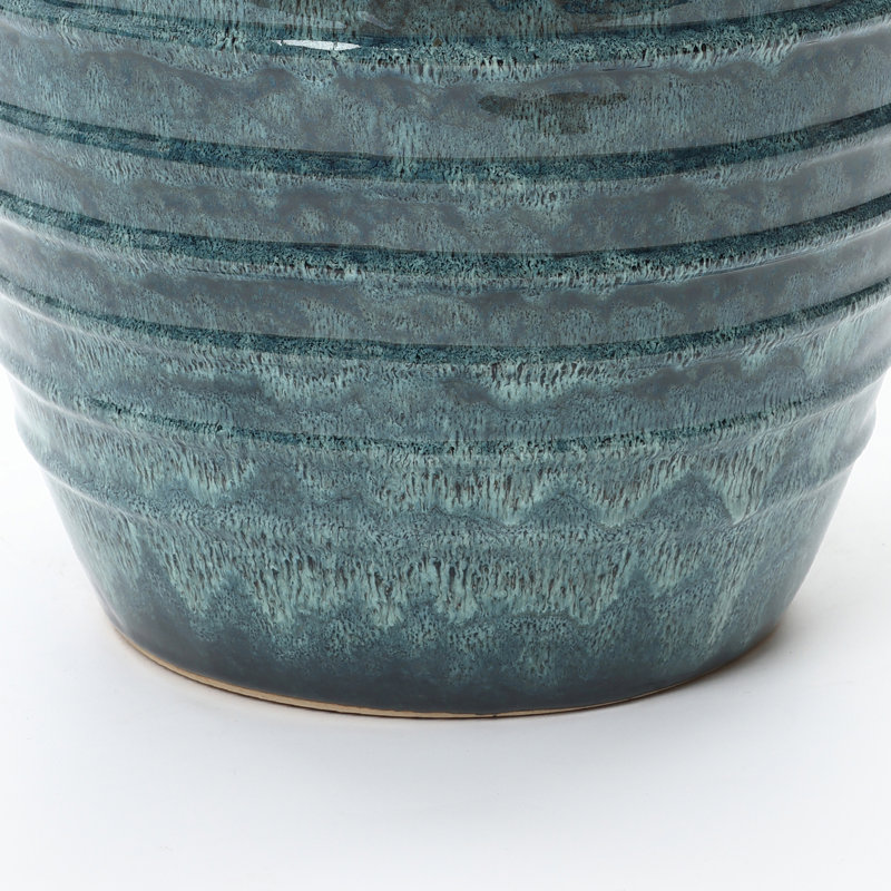 Rippled Blue with Brown 15.75-Inch Tall Round Ceramic Vase
