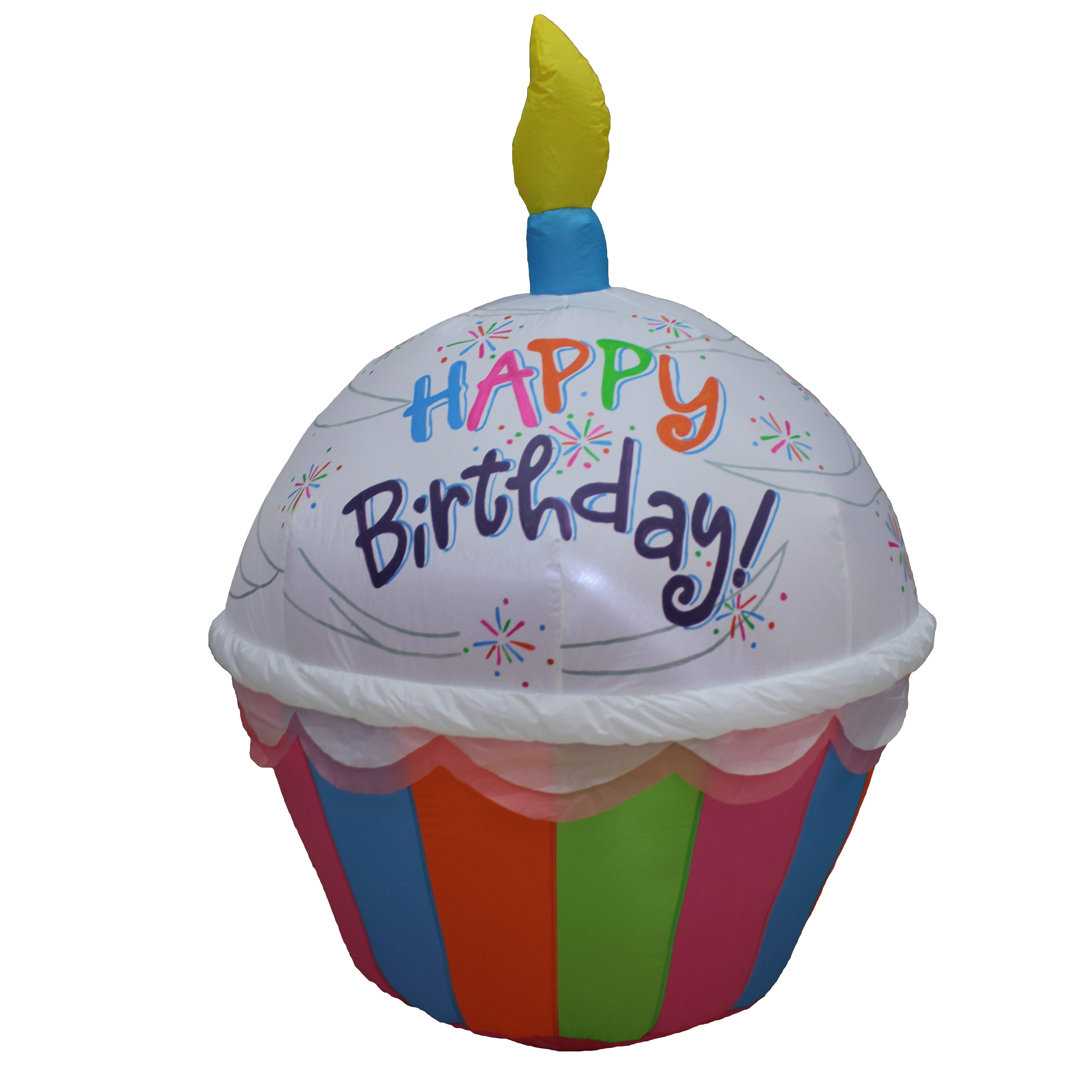 4 Foot Tall Cute Happy Birthday Inflatable Cupcake with Candle Built In LED Lights Indoor / Outdoor Blow Up Yard Decoration The Party Aisle™
