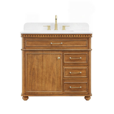 Meuble-lavabo simple 36 po Clarion en manguier brun avec grain de pierre blanc et miroir