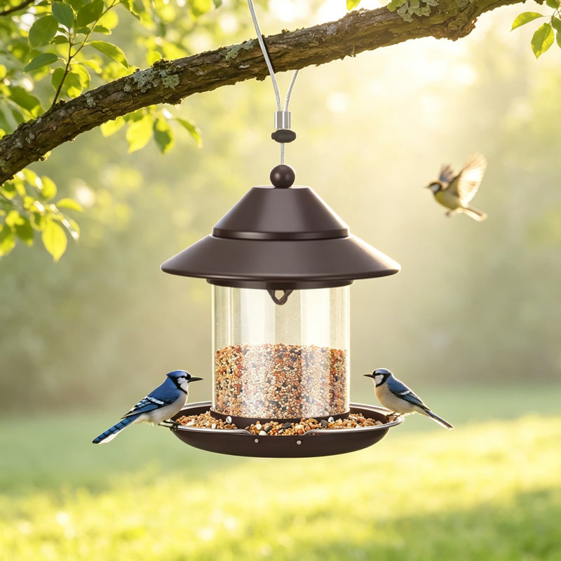 Outdoor Hanging Bird Feeder for Wild Birds, Small Metal Roof Bird Feeder with Clear Tube Seed Capacity for Viewing Cardinals and Finches, Garden and Yard Decoration