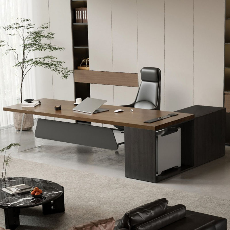 Bureau de direction rectangulaire en bois massif brun clair + acrylique, 29.53" H x 62.99" W x 55.12" D, Retour à gauche