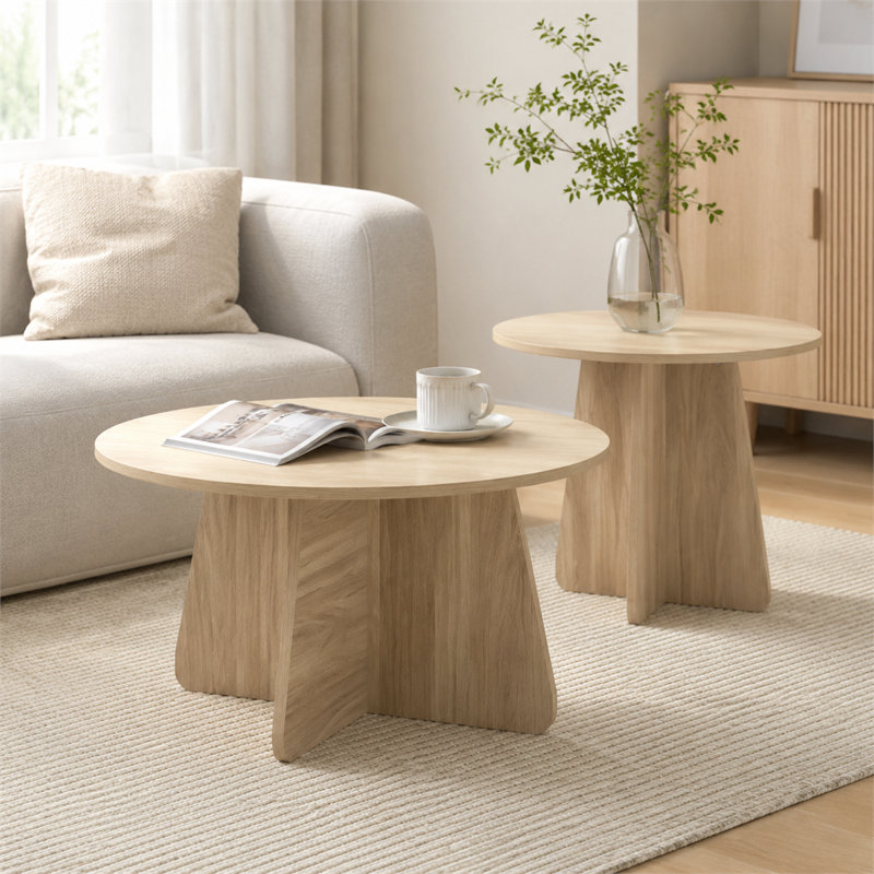 Ensemble de tables basses gigognes de style rétro, tables d'appoint gigognes rondes avec pieds entrecroisés, disponibles en finition noyer ou bois naturel, tables d'appoint pour le salon et la salle à manger