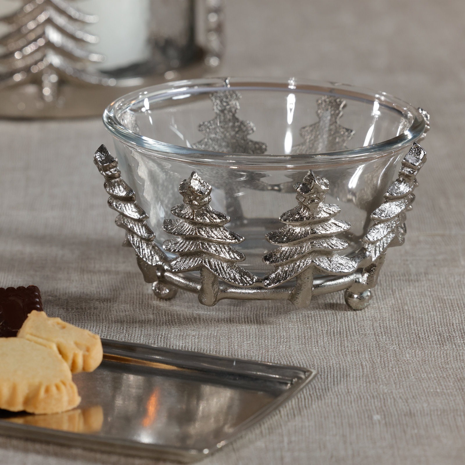 Aayza Glass & Metal Bowl, Decorative & Serving, Clear/Silver