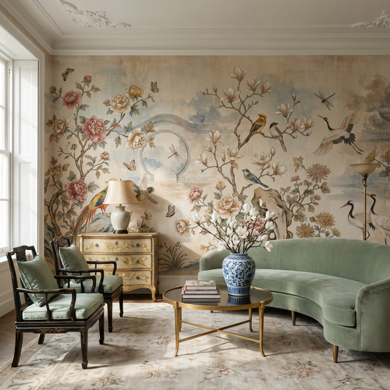 Papier peint floral avec oiseaux et jardin, 100"x96", Non-Woven Nonpasted