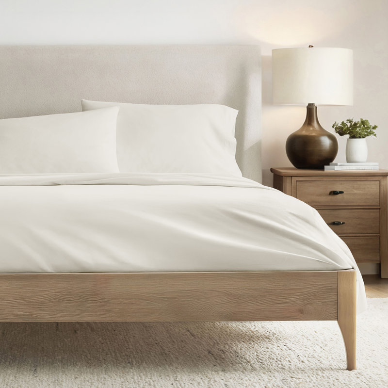 Ensemble de draps 100% coton percale brossé et délavé 4 pièces, Ensemble de draps pour très grand lit avec 2 taie, Ivoire