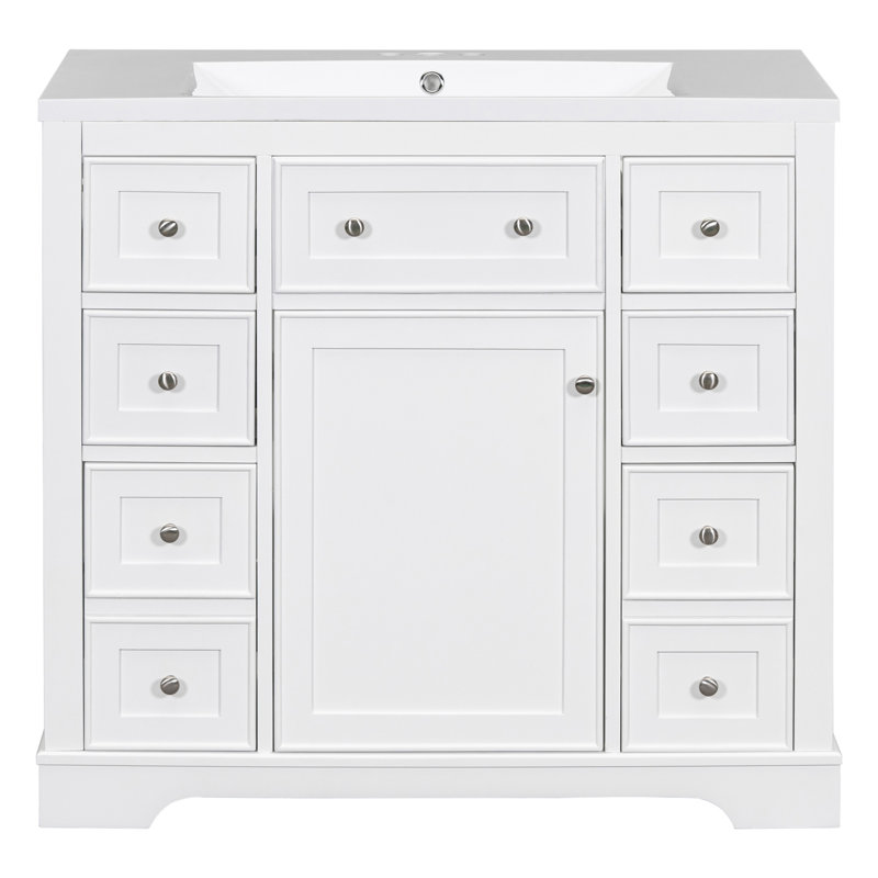 Ensemble de meuble-lavabo 36 po avec lavabo, une armoire et six tiroirs, panneau en bois massif et panneau de fibres à densité moyenne, blanc