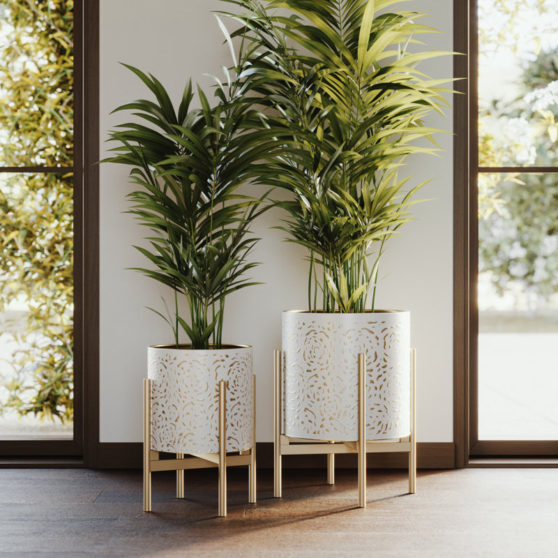 Jantsen Glam Indoor Metal Pot Planter With 4-Leg Metal Base - Set