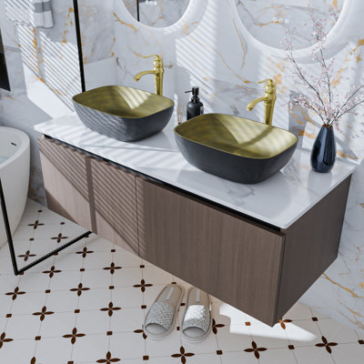 Modern And Sleek Wall Mounted Floating Bathroom Vanity Cabinet With Top, Ceramic Basin, Copper Faucet, Double Open Doors, 3 Sizes