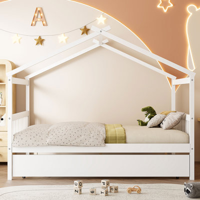 Lit double en bois avec lit gigogne simple - Lit simple pour enfant, finition blanche
