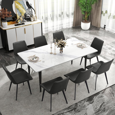8 Seat Modern Stone Dining Table Set With Faux Leather Side Chairs, 9-piece Dining Set