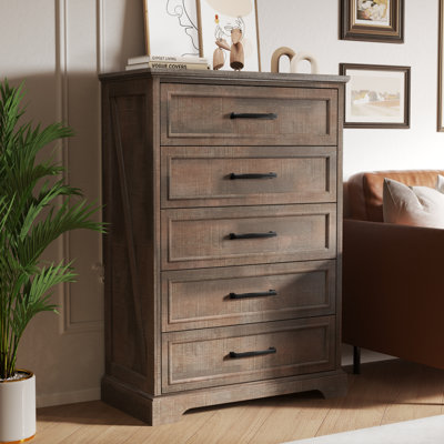 Farmhouse 5 Drawers Dresser Chests For Bedroom, 46" Tall Wood Rustic Chest Of Drawers With Wide Metal Handle