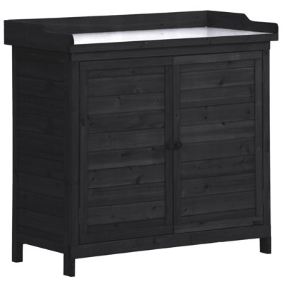 Rustic Black Outdoor Potting Bench - Premium Fir Wood with 2-Tier Storage & Side Hooks