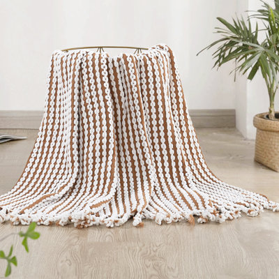 Plaid à pompons en maille texturée, 127 x 152 cm, couverture douce en polyester pour canapé et lit