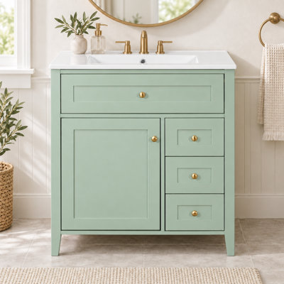 Meuble-lavabo simple autoportant vert 30 po avec lavabo et rangement en céramique