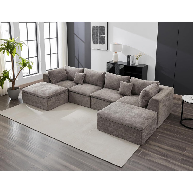 Canapé modulaire en forme de U de 140 po avec repose-pieds, méridienne double et tissu chenille pour le salon, Gris