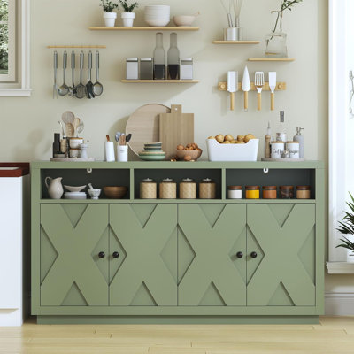 Grande armoire buffet de 60 po avec rangement, armoire de cuisine de ferme avec tablettes réglables et 4 portes de grange, armoire de rangement en bois et café pour la cuisine, la salle à manger, vert