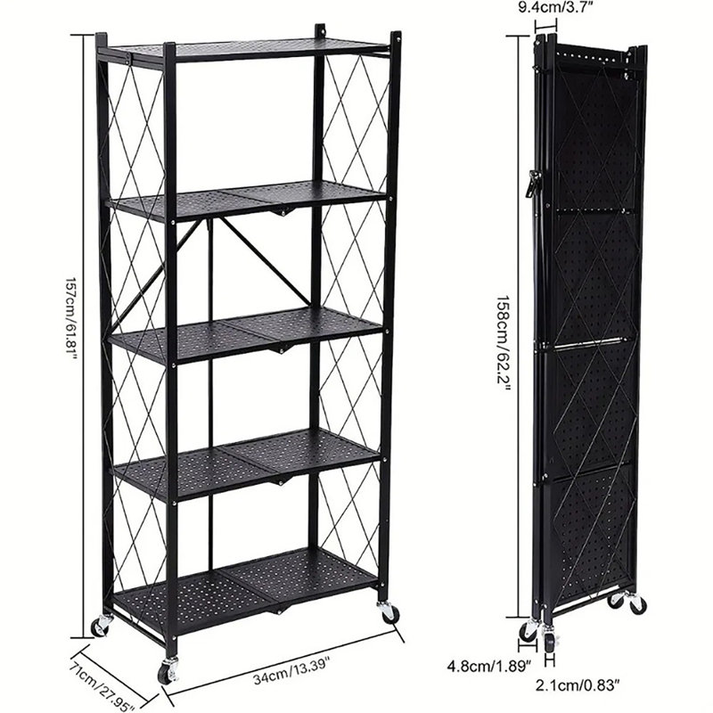 Support de rangement noir pliable en métal robuste à 5 niveaux, catégorie organisateur de cuisine de garage roulant, tablettes amovibles avec roulettes tout-en-un, multi-couches robustes pour l'organisation de la cuisine dans le garage