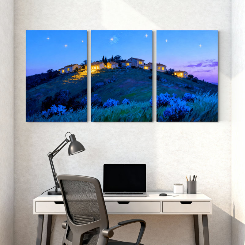 Abstrait Hillside Homes Under Starry Sky Night Lights, ensemble de 3 impressions murales sur toile, H 24 po x l 48 po
