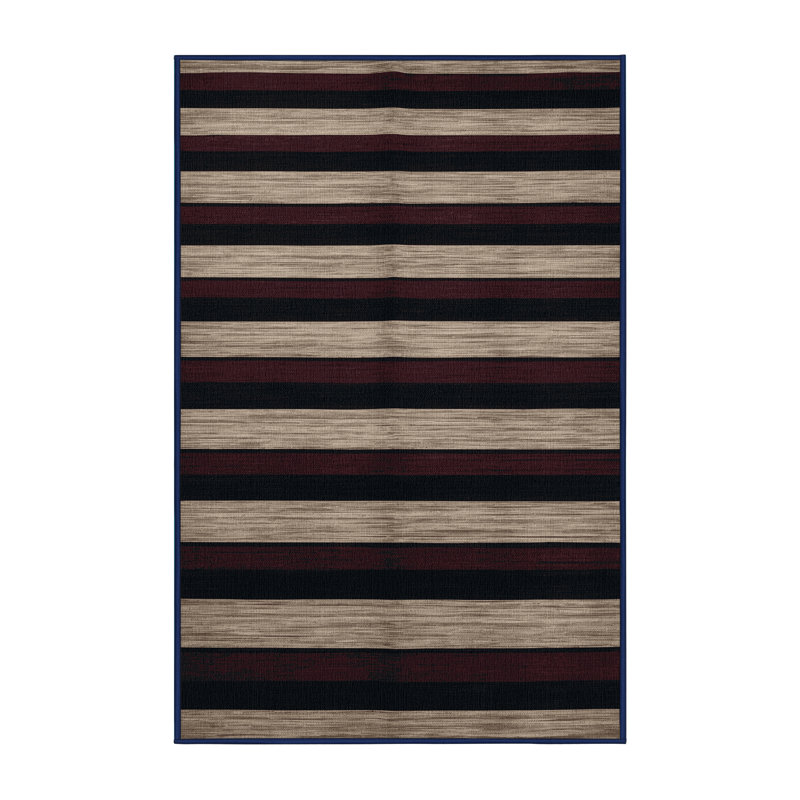 Machine Washable Horizontal Stripes Black Area Rug, Rectangle 4' x 6'