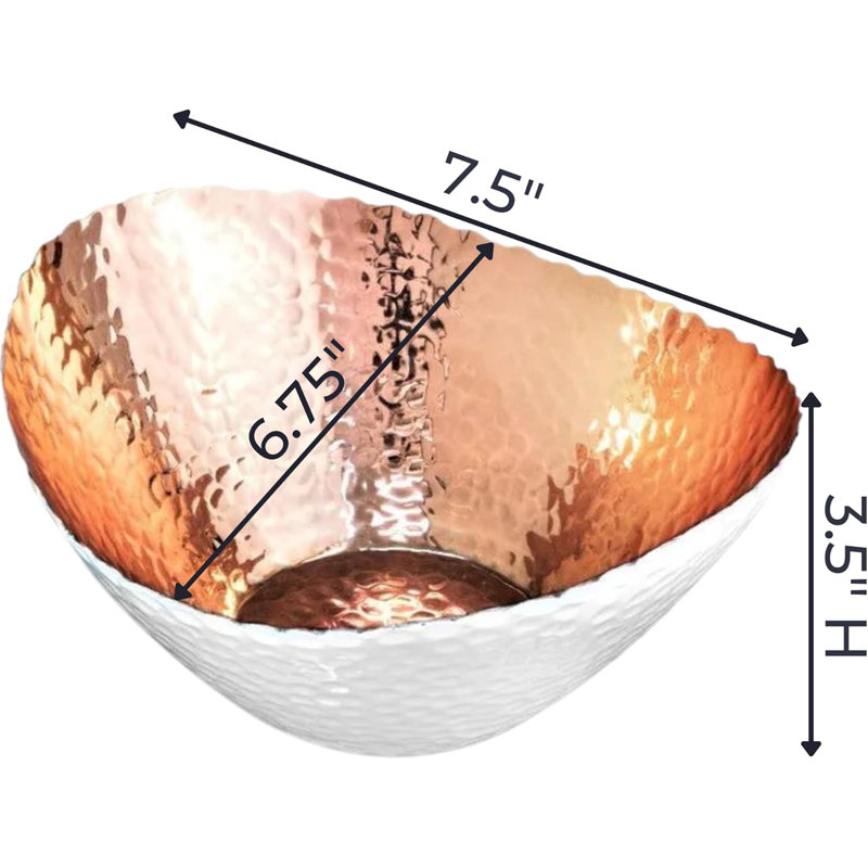 Hand Hammered White and Copper Aluminum Oval Bowl, 7.5 inch