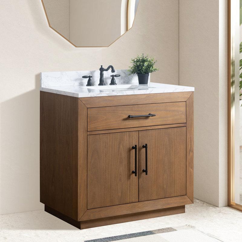 Avignon 36" Single Sink Freestanding Bathroom Vanity with Engineered Marble Top, Arabecato White, Tan