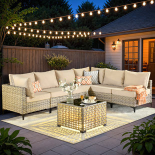 Emroy 6 - Person Outdoor Wicker Sectional Seating Group with Lighted Coffee Table, Modern Modular Rattan Conversation Set with Cushions