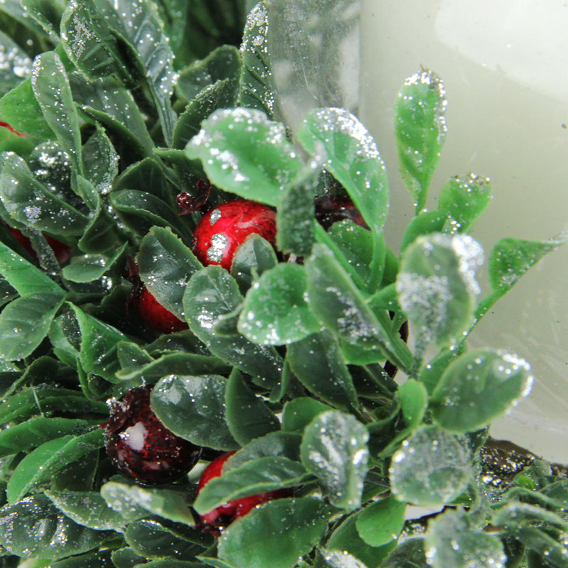 6" Clear and Green Boxwood with Berry Tipped Christmas Hurricane Pillar Candle Holder