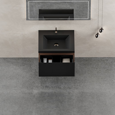 Meuble-lavabo de salle de bain flottant 24 po avec lavabo, meuble-lavabo mural rayé avec tiroirs à fermeture en douceur et cuve à quartz noir, entièrement assemblé, noyer fumé