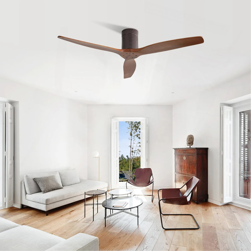 52 Inch Flush Mount Ceiling Fan With Remote Control, 3 Reversible Wood Blades Noiseless DC Motor Ceiling Fan Without Light