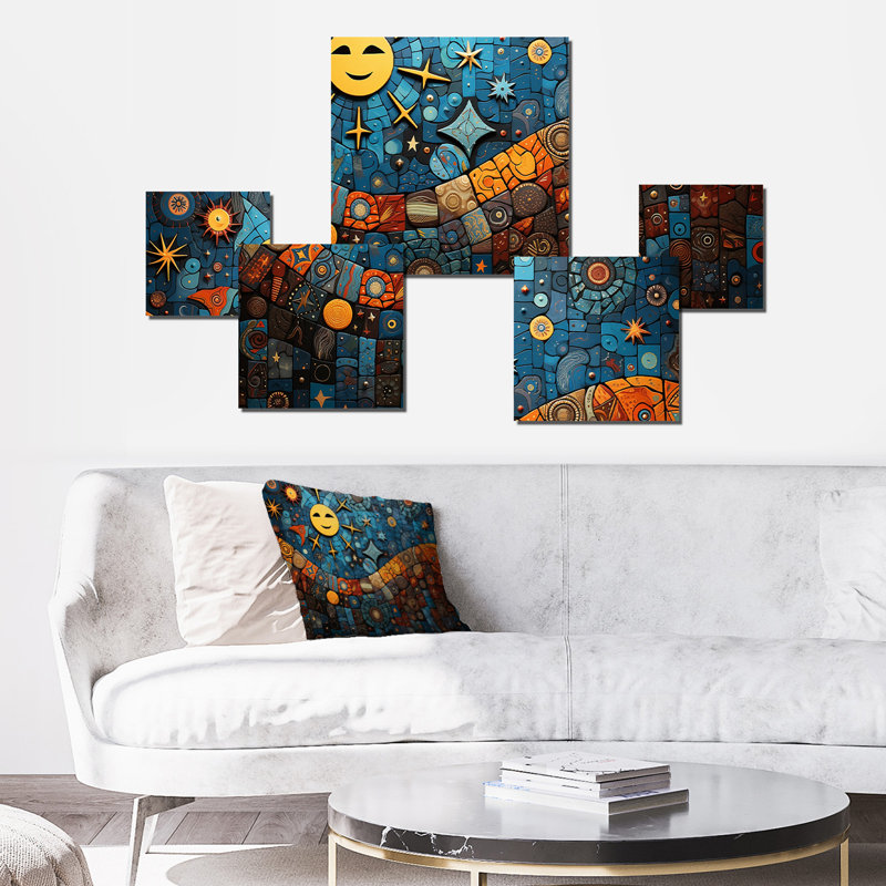 Bleu et orange Boho Mosaic Medley - ensemble d'art mural carré mosaïque bohème de 5