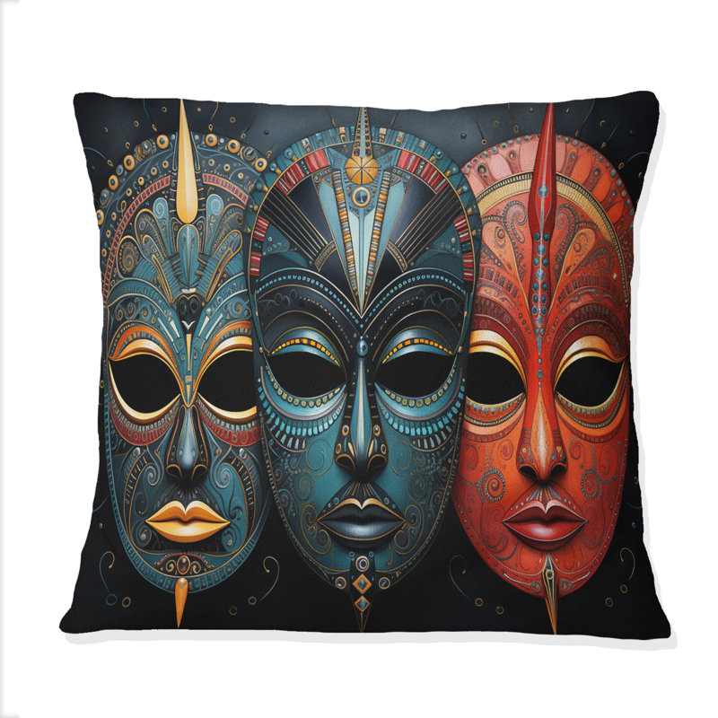Red African Masks III - African Tribes Printed Throw Pillow, Square, 16" x 16"