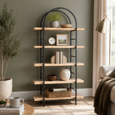 Grande étagère en bois et fer arquée avec cadre noir, étagère ouverte à 5 niveaux pour un décor moderne / industriel