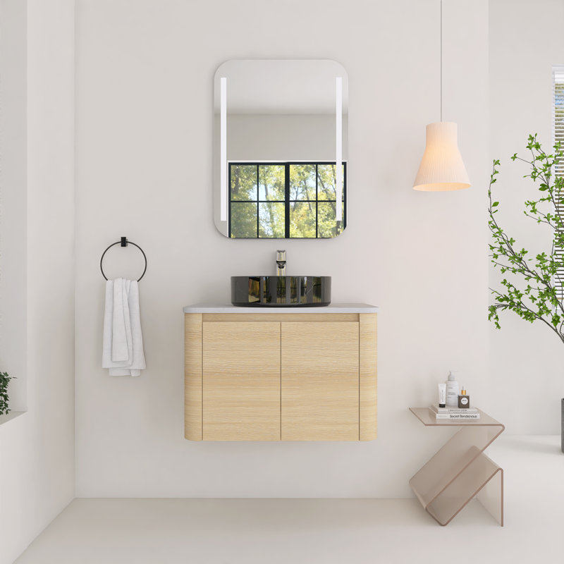 Meuble-lavabo mural de 30 po avec portes à fermeture en douceur en chêne blanc américain, Noir et blanc