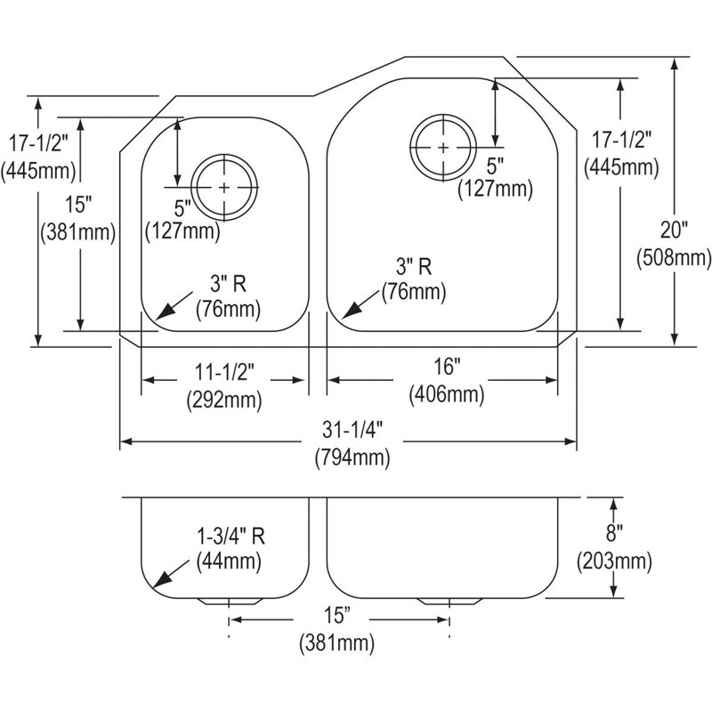 Dayton 31.25" L x 20" W Double Basin Undermount Kitchen Sink