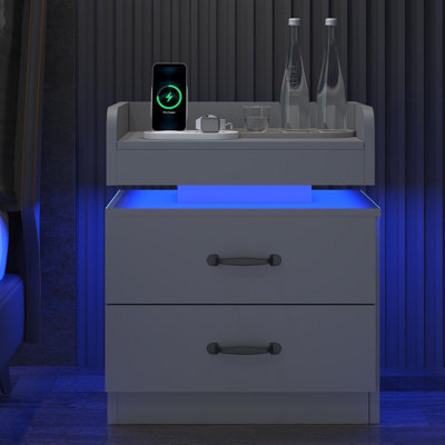 Table de chevet 2 tiroirs avec station de charge et lumière DEL, ports et prises USB