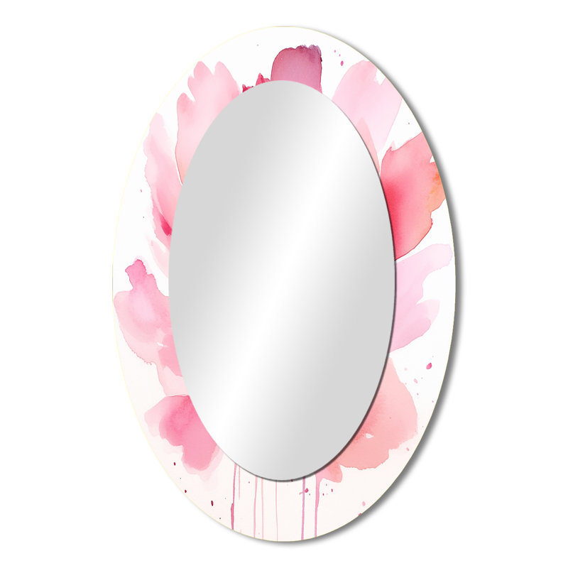 Délicate fleur d'hibiscus rose en aquarelle - miroir mural ovale rose, 36 po x 24 po