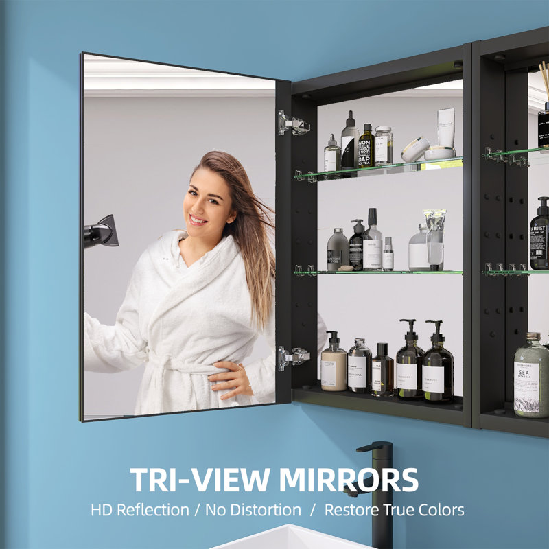 Kartar 40''W 30''H Recessed or Surface Mount Frameless Aluminum Medicine Cabinet with Mirrors