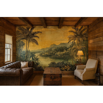 Vintage Tropical Landscape Wall Mural – Rustic Palm Tree River Scene Wallpaper Vn837 (Peel-N-Stick) VN837