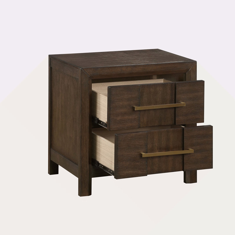 Table de chevet 2 tiroirs de style moderne avec poignées en métal argenté, Noyer