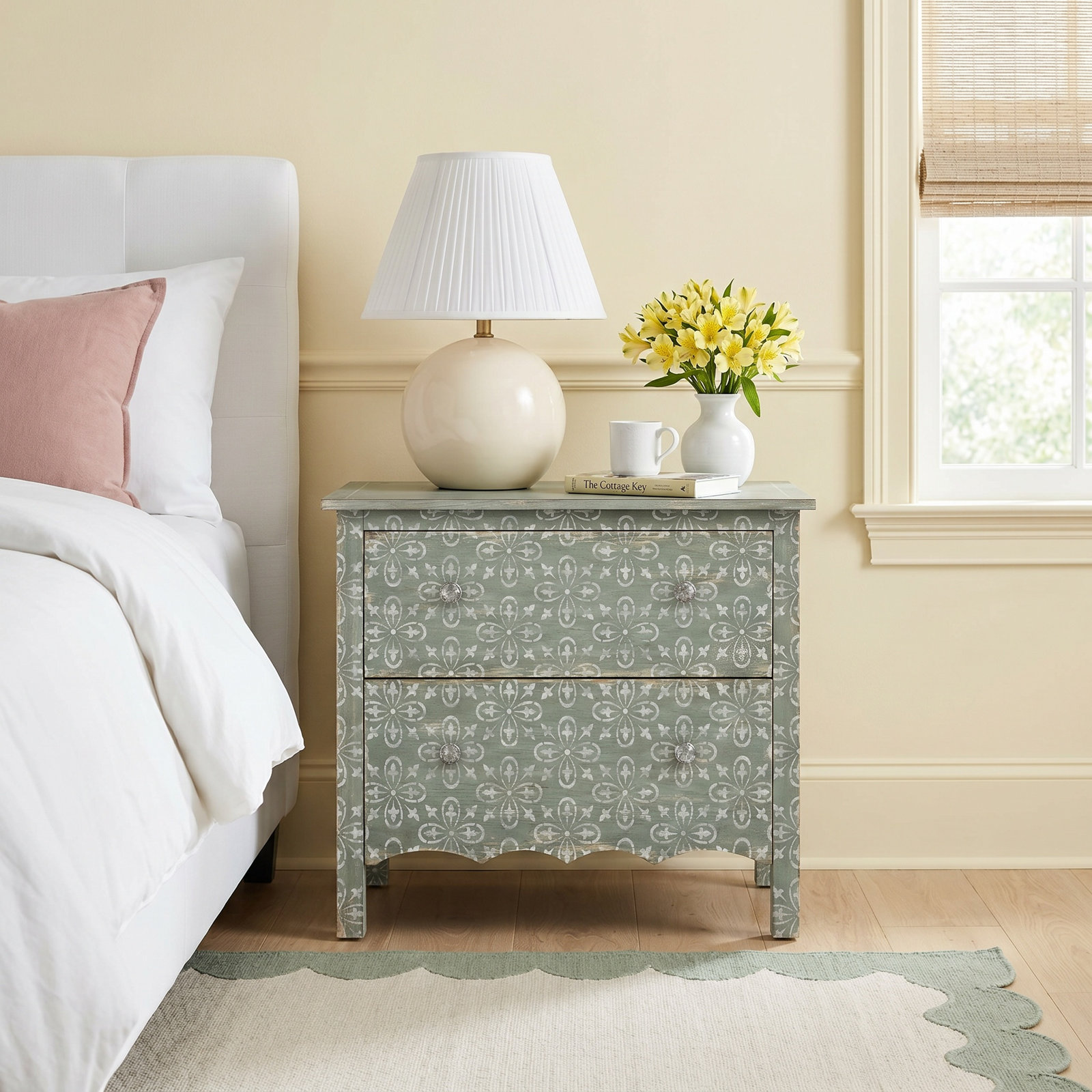 Americana 2-Drawer Oak Nightstand, Green/Cream