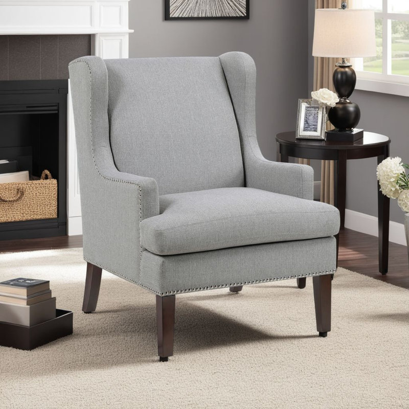 Fauteuil à oreilles Rossana, polyester, bois, tête de clou, Gris