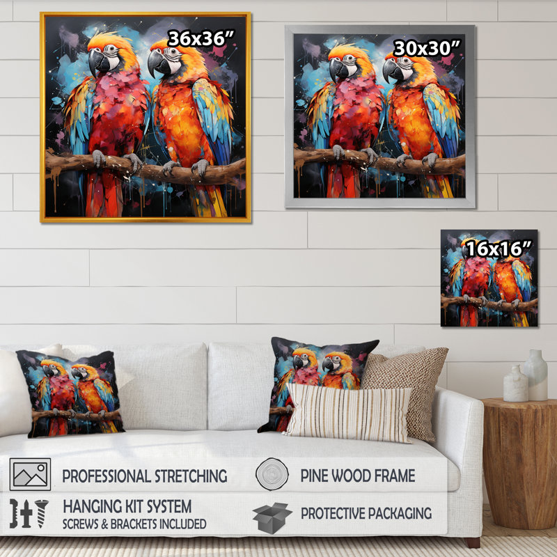 «Vibrant Duets S - Parrot S», art mural, salon, Cadre flottant doré, H 24 po x l 24 po