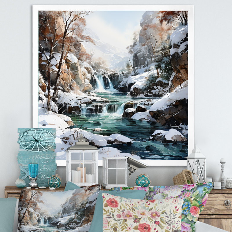 «Waterfall Charm In Winter II», reproduction sur toile, Cadre simple blanc, H 30 po x l 30 po x P 1 po