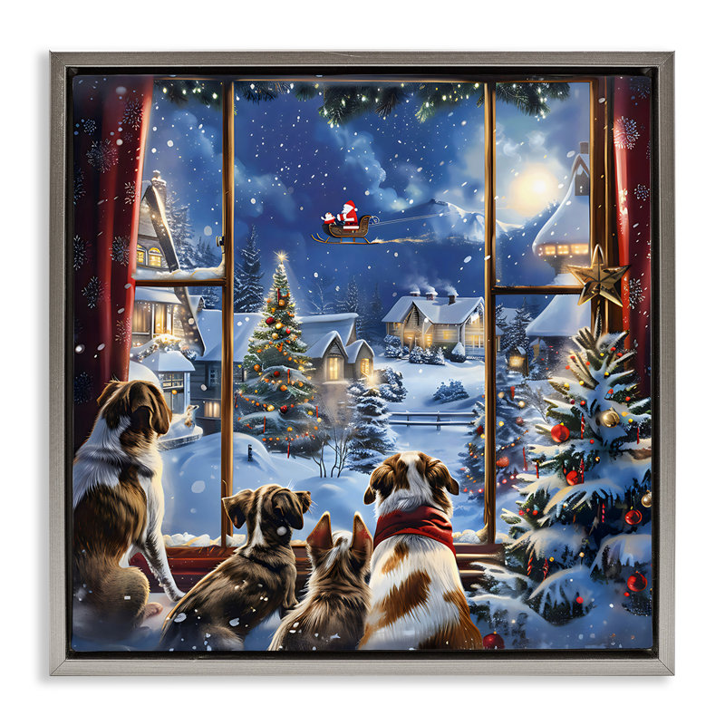 Chiens regardant le Père Noël sur un cadre flottant de Noël, design Creative Studio, H 25 po x l 25 po