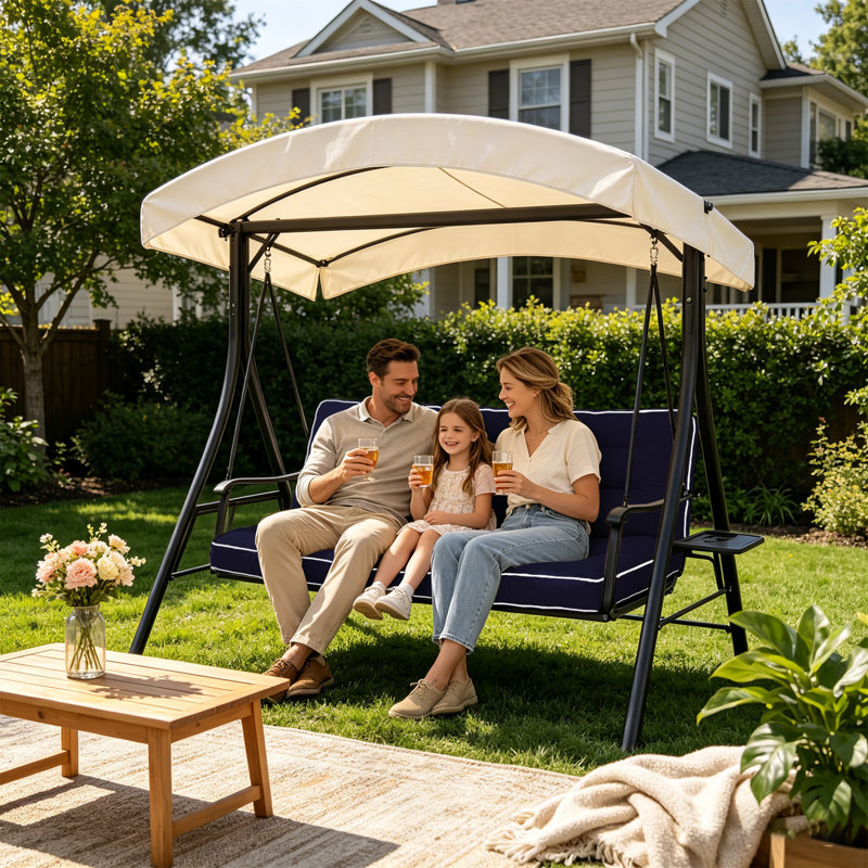 Outdoor Swing Cushion with Backrest & Tie Straps, 2/3 Seater Replacement Glider Cushion, Navy Blue